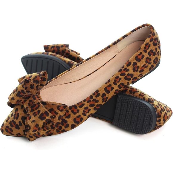 Women's Leopard Bowknot Ballet Flats Pointy Toe Casual Flat Shoes Suede - Picture 6 of 8